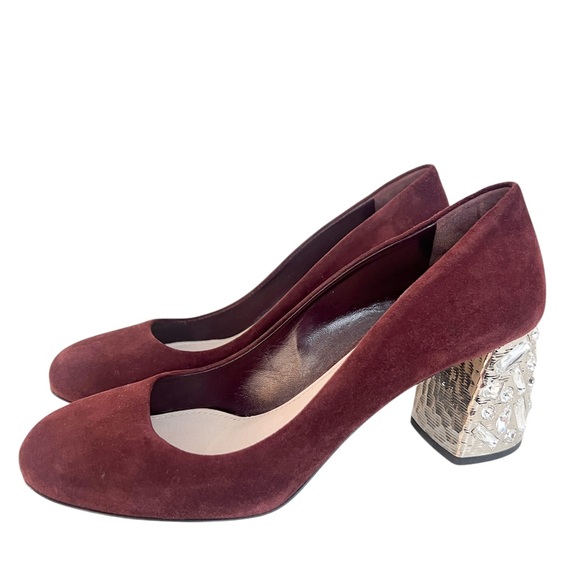 Miu Miu Burgundy Suede Crystal Embellished Block Heel Pumps - Picture 4 of 7